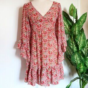 Betsey Johnson Paisley Floral Bell Sleeve Ruffle V-neck Mini Boho Dress Summer 2